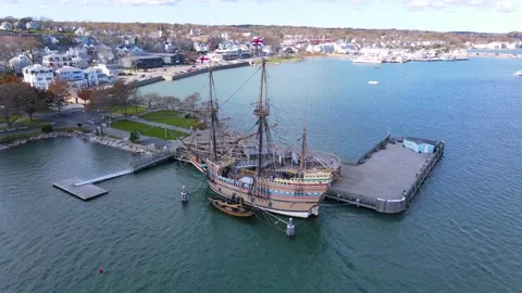 Mayflower II Ship aerial view, Plymouth, Massachusetts, USA Video stock 173575384