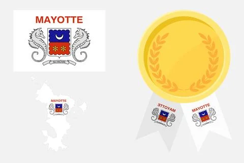 Mayotte flag with map and gold medal in set for web and banners or app and .. Stock Illustration