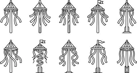 Maypole icons with different ribbon patterns and decorative flags in line s.. Stock Illustration