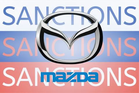 Mazda logo in front of the Russian flag. Sanctions against Russia over its Stock Illustration