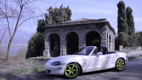 Mazda mx5 miata white side view Stock Footage 84091533