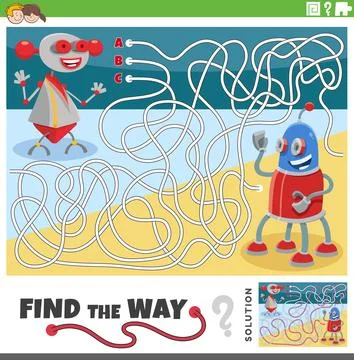 Maze activity game with cartoon robots fantasy characters Stockillustratie