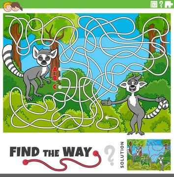 Maze activity game with two cartoon lemurs animal characters Stock Illustration