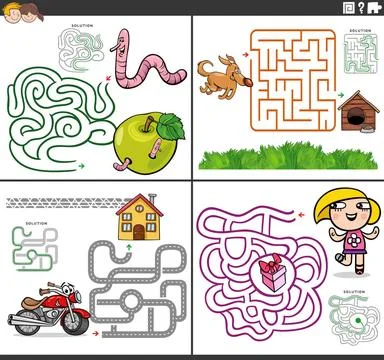 Maze activity games set with funny cartoon characters Cartoon illustration... Stock Photos