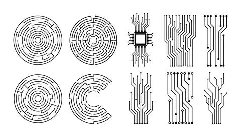 Maze and Circuit Board Pattern Set Electronic Labyrinth Line Art Design 库存插图