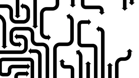 Maze of black arrows on white, 2d illustration Stock Illustration