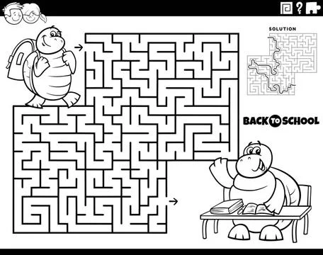 Maze with cartoon turtle going to school coloring page Black and white car... Stock Photos