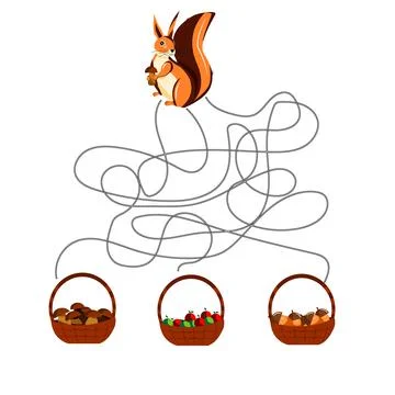 Maze for children, guide the squirrel to the basket of mushrooms Stock Illustration