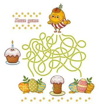 Maze education game, help Easter chicken find path to color eggs, labyrinth page Stock Illustration