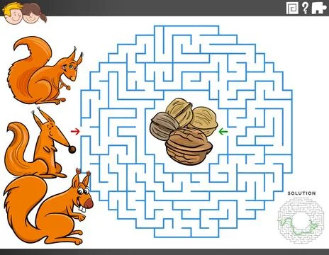 Maze educational game with squirrels and walnuts Cartoon Illustration of E... Stock Photos