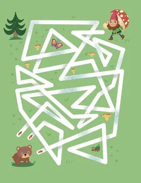 Maze game, activity for children. Help the bear cub to meet the gnome. Draw all Illustrazione stock