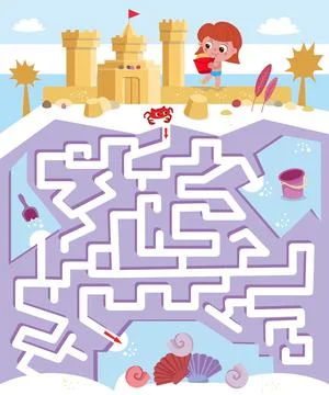 Maze game, activity for children. Vector illustration. Find path for crab. Cute  Illustrazione stock