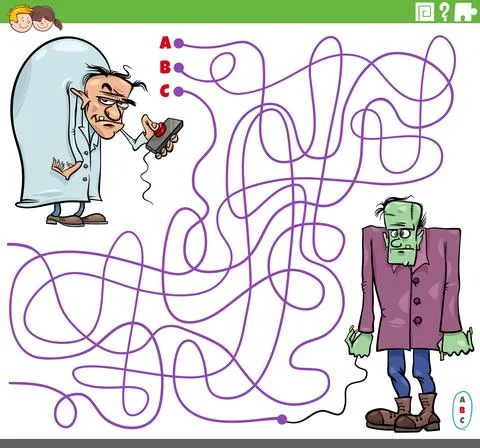 Maze game with cartoon evil scientist and zombie Illustrazione stock