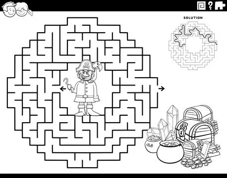 Maze game with cartoon pirate and treasure coloring page 스톡 일러스트