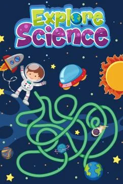 Maze game for kids with explore science logo in space theme Stock Illustration