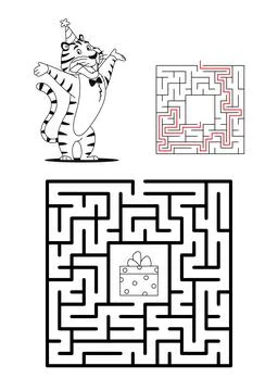 Maze game for kids with solution. Cute tiger. Stock Illustration