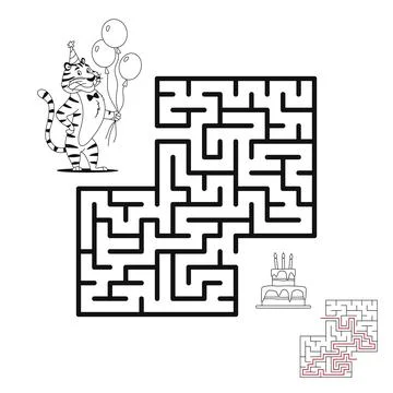 Maze game for kids with solution. Tiger and cake. Stock Illustration