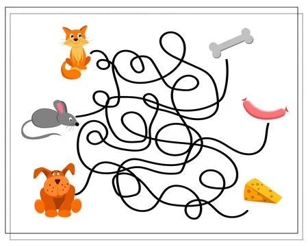 A maze game for kids. where is whose food. guide the cat, dog, mouse throug.. Stock Illustration