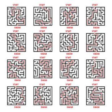 Maze Game Logo Set. Labyrinth with Entry and Exit. Illustrazione stock
