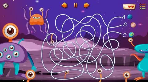 Maze game with space theme template Stock Illustration