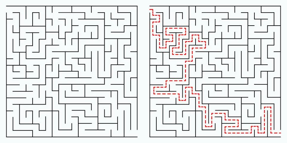 A maze game. square labyrinth with a solution Stock Illustration