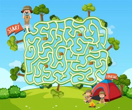 Maze game template in camping theme for kids Stock Illustration