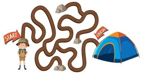 Maze game template in camping theme for kids Stock Illustration