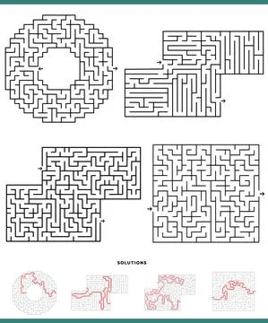 Maze games graphs set with solutions Stock Illustration