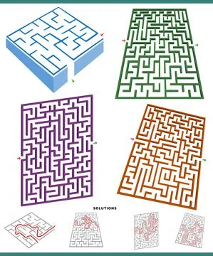 Maze games graphs set with solutions Illustrazione stock