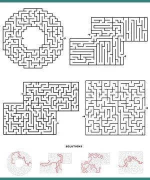 Maze games graphs set with solutions Illustration of black and white mazes... Foto stock