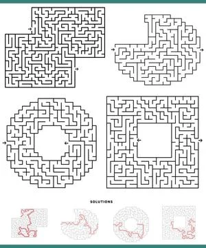 Maze games graphs set with solutions Illustration of black and white mazes... Foto stock