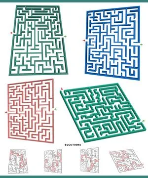 Maze games graphs set with solutions Illustration of mazes leisure game gr... Foto stock