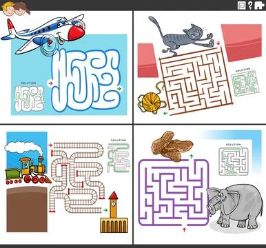 Maze games set with funny comic characters Stock Illustration