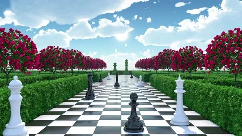 Maze garden 3d render illustration. Chess, trees with red flowers and clouds. 動画素材 227997580