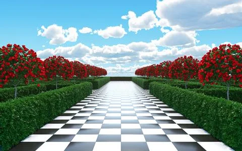 Maze garden 3d render illustration. Chess, trees with red flowers and clouds Stock Illustration