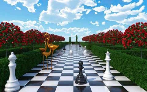 Maze garden 3d render illustration. Chess, golden flamingo, trees Stock Illustration