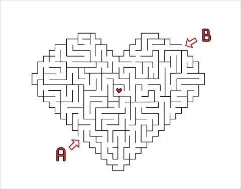 Maze with heart shape with two entries and two ways to goal. Valentines day m Stock Illustration