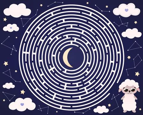 Maze for kids, difficult labyrinth with ute animal character - sheep in carto Stock Illustration