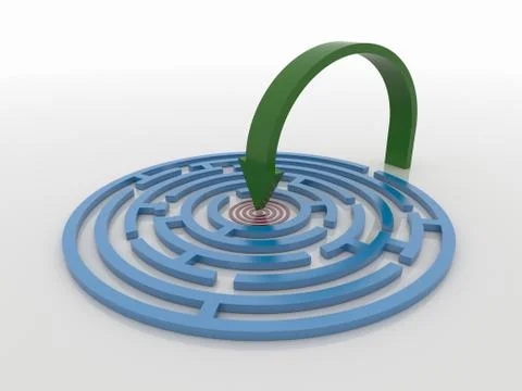 Maze Labyrinth 3D Render with Green Arrow to Target Illustrazione stock