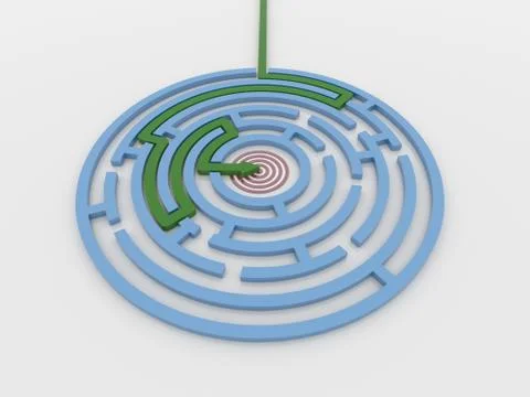 Maze Labyrinth 3D Render with Green Arrow to Target Stock Illustration