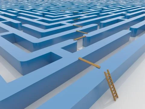 Maze Labyrinth 3D Render with Ladder and Planking Stock Illustration