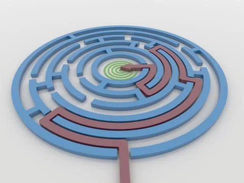 Maze Labyrinth 3D Render with Red Arrow to Target Illustrazione stock