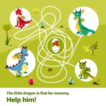 Maze labyrinth children game vector cartoon illustration of dragons help find Stock Illustration