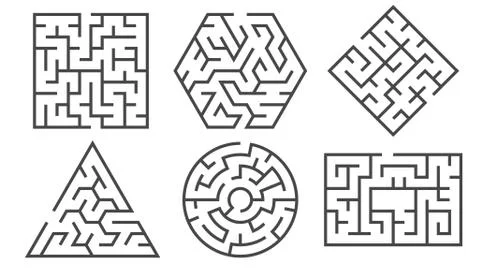 Maze. Labyrinth game in different graphic shapes for right or wrong paths and Stock Illustration