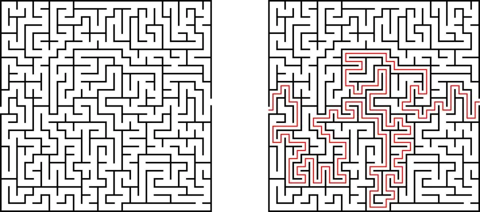 Maze Labyrinth for kids with solution. Puzzle logic game. Square mazes riddle Stock Illustration