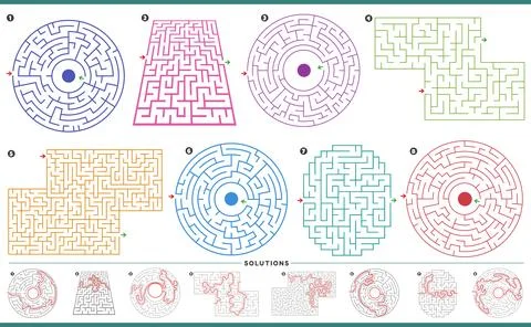 Maze puzzle activities graphs set with solutions Stock Illustration