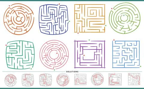 Maze puzzle games graphs set with solutions Stock Illustration