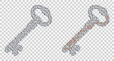 Maze puzzle in shape of key with solution line. Labyrinth game for print Stock-Illustration