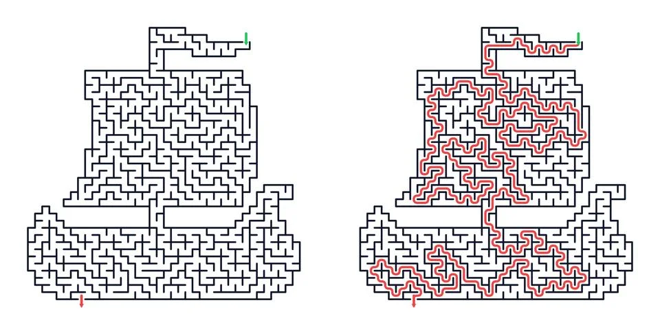 Maze puzzle shaped like a ship with solution path. Educational game for logic Stock Illustration