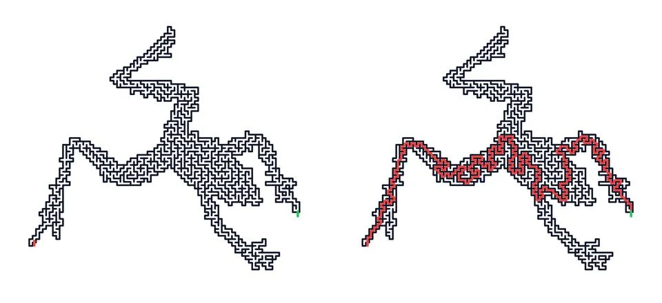 Maze in shape of jump frog or toad. Logic game with red path solution. Educat Stock Illustration